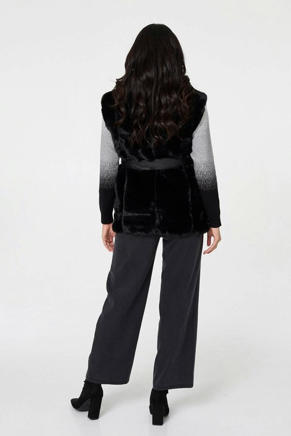 Black | Faux Fur Sleeveless Tie Waist Gilet
