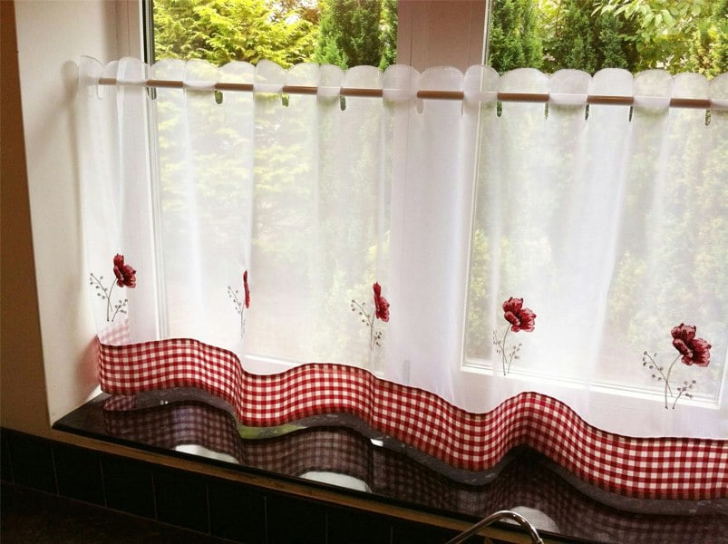 Alan Symonds Poppy Floral Checked Kitchen Voile Curtain Café Panels