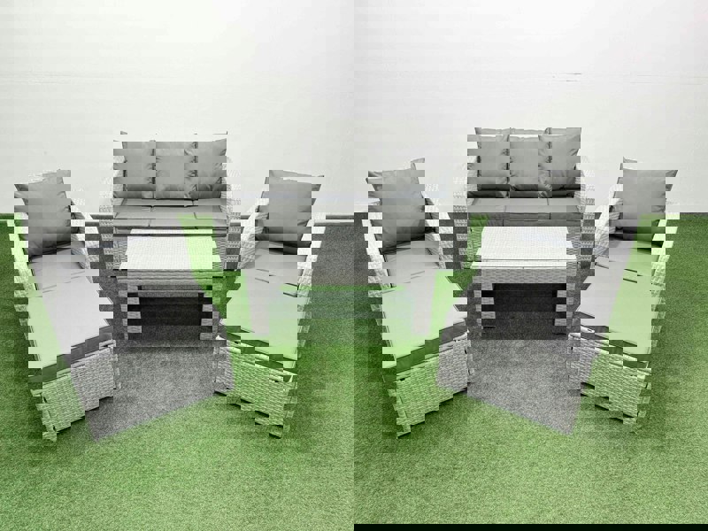 Fimous PE Rattan Garden Furniture Set Reclining Chair Sofa Lounge Sofa Set Rectangular Coffee Table 2 Big Footstool Light Grey