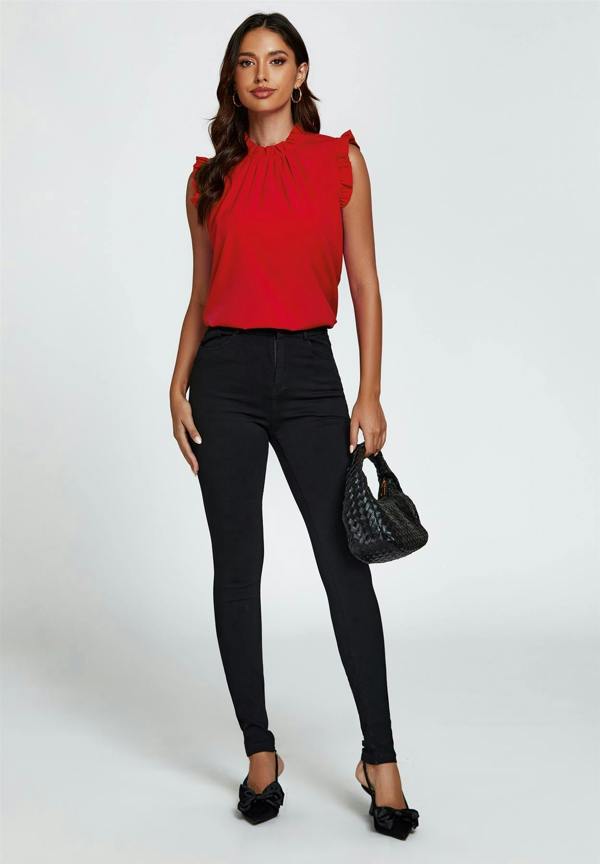 FS Collection Frill Trim Sleeve Frill Neck Blouse Top In Red