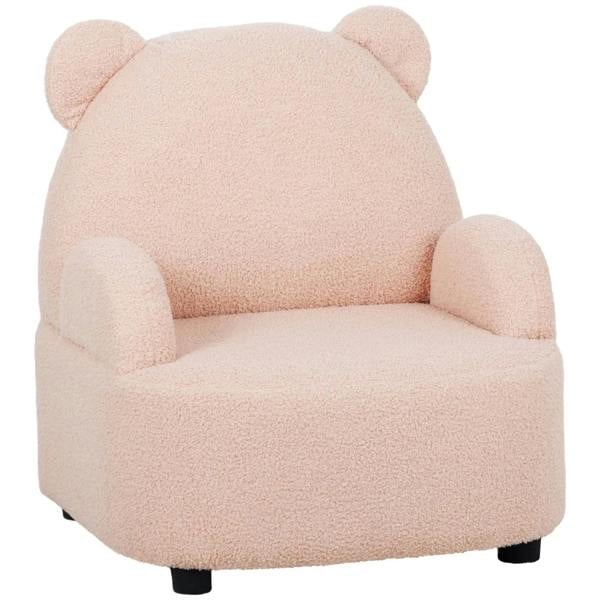 Pink bear-shaped toddler armchair with armrests and rounded back, plush upholstery