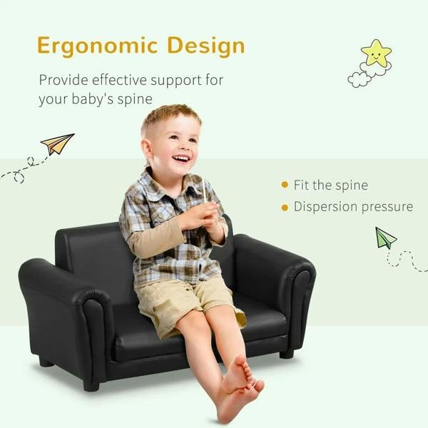 Black kids sofa bed with padded seat and armrests, toddler sitting