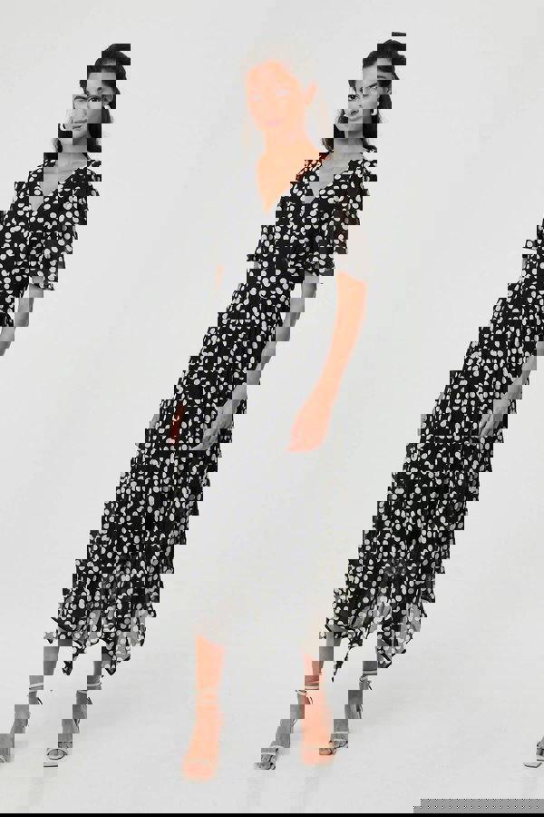 Black | Polka Dot Hanky Hem Midi Dress
