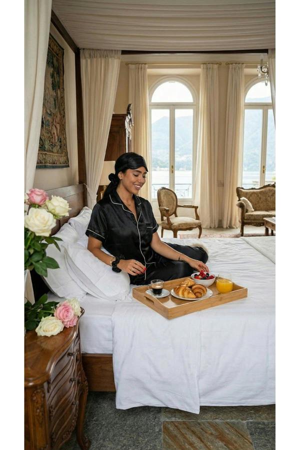 Saryna Satin Button Up Pyjama Set With Matching Eye Mask & Scrunchie - Black