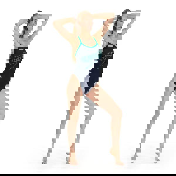 Sleek navy blue Speedo Hyperboom Turnback swimsuit with green white accents