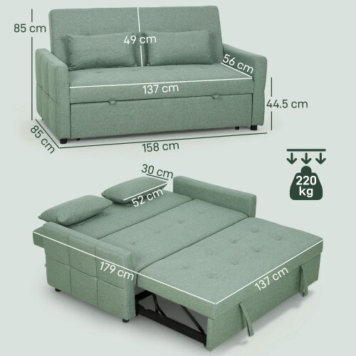 Wyld Haus Nenase Mint Green Upholstered 3 Way Convertible 2 Seater Sofa Bed
