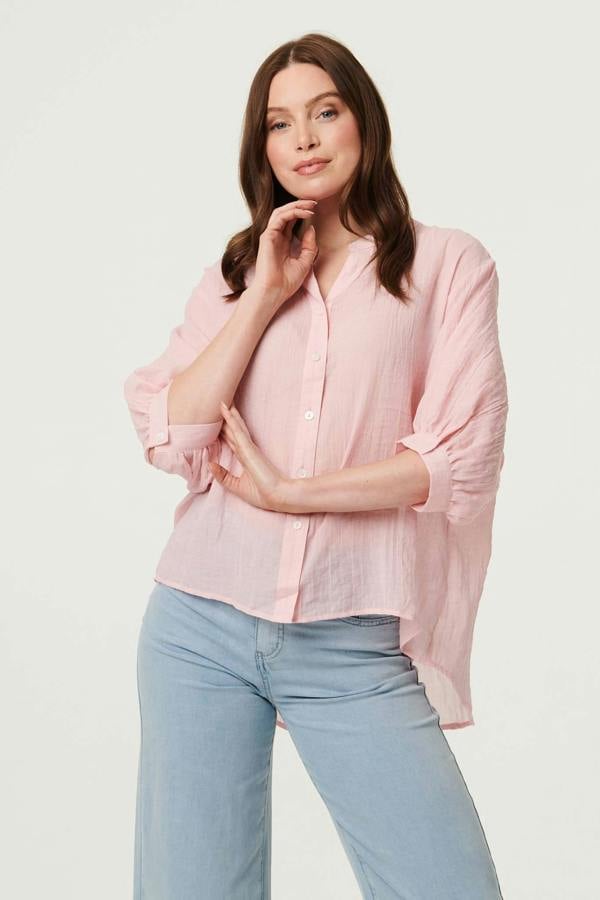 Pink | Collarless Button Back 3/4 Sleeve Blouse