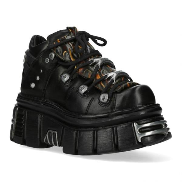 New Rock M-106N-C86 Black Flame Leather Gothic Ankle Platform Boots
