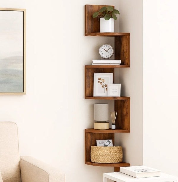 Modcraft Rustic Brown 5-Tier Corner Wall Shelf – Floating Display Bookcase