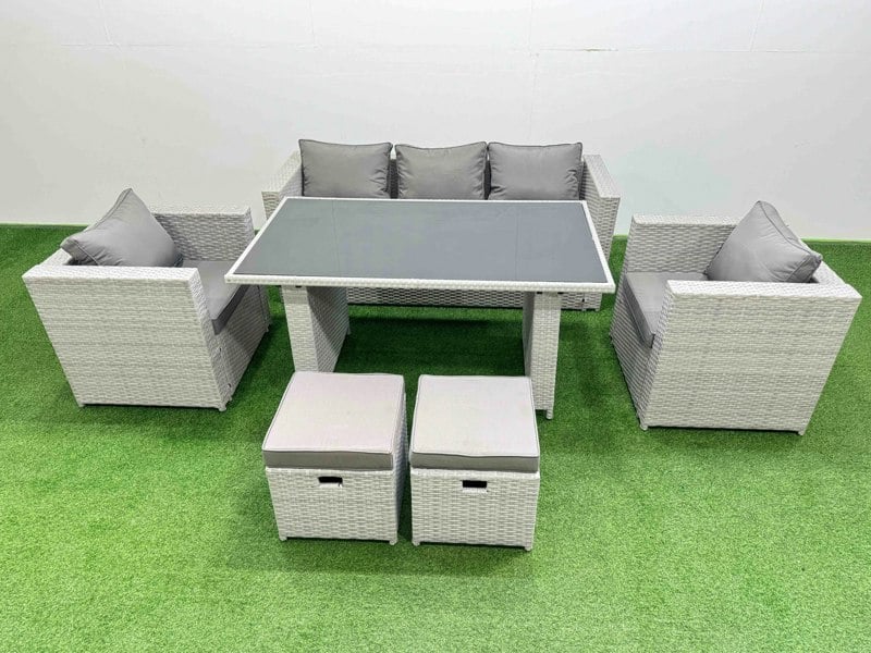 Fimous Patio Garden Furniture Sets with Black Glass Top Dining Table Armchair 3 Seater Sofa 2 Small Stool Light Grey