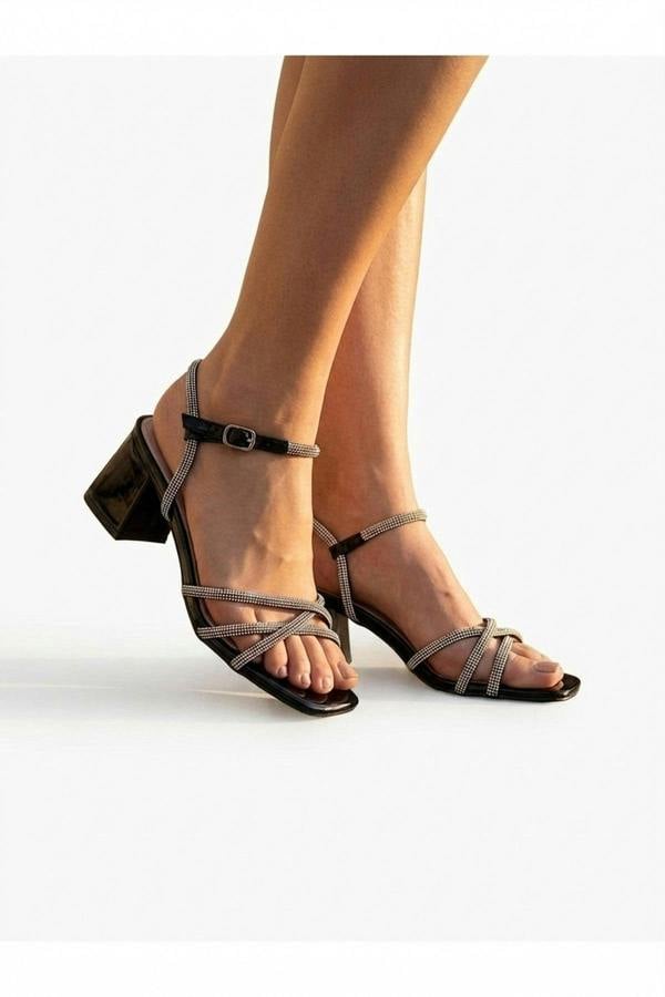 Willow Rhinestone Block Heel Sandals - Black_wb
