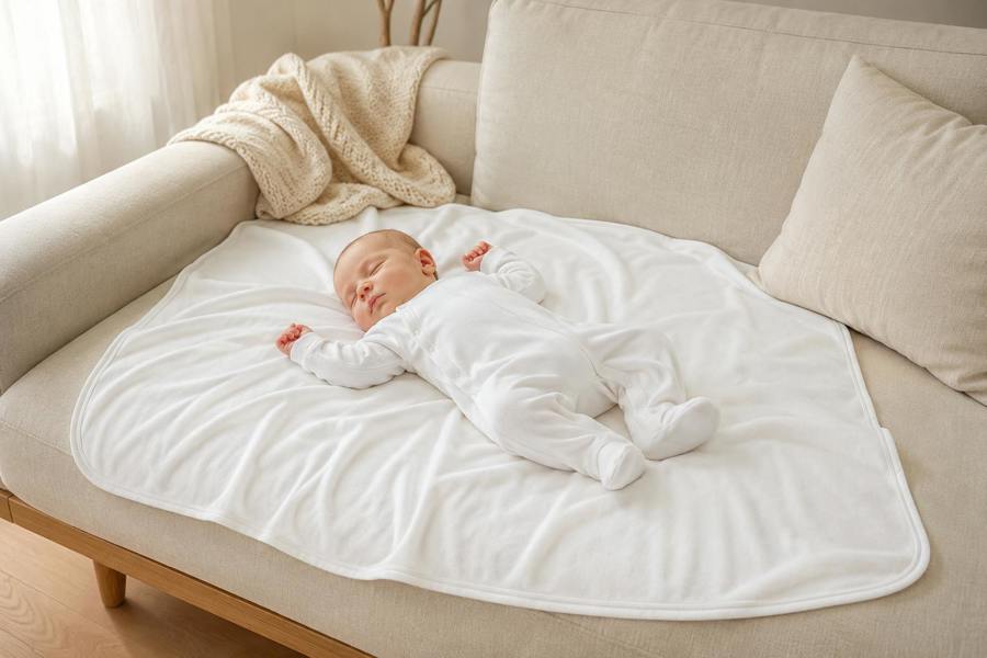 Newborn baby resting on Prima Cotton’s Organic Baby Blanket for Sensitive Skin, creating a soft protective layer made from 100% GOTS-certified organic Egyptian cotton.