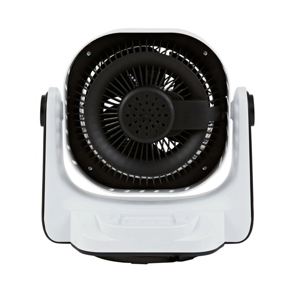 A picture of a black and white air circulator with the circulation fan in the centre of the picture.