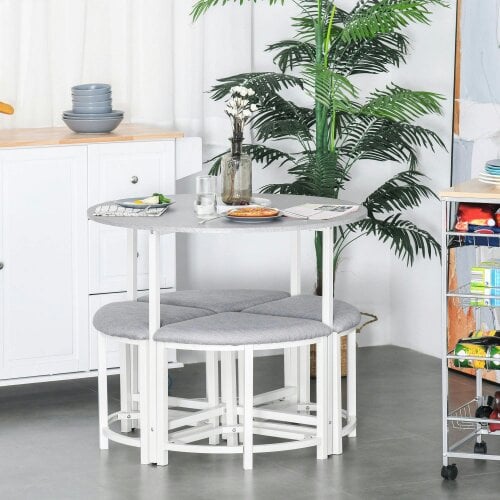 Wyld Haus Bavino Metal And Fabric Grey Round Dining Table With 4 Upholstered Stools