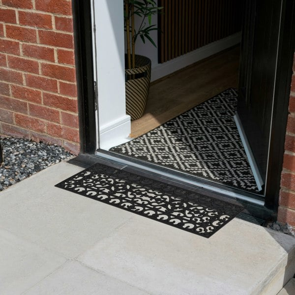 JVL Lexi Wrought Iron Effect Rubber Step Mat, Black, 25x75cm - Set of 2