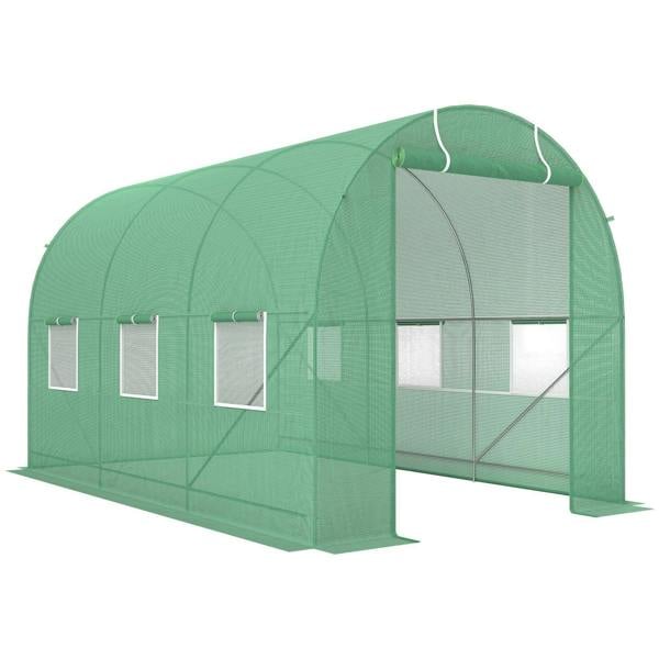 Green walk-in polytunnel greenhouse with steel frame and roll-up door, side windows