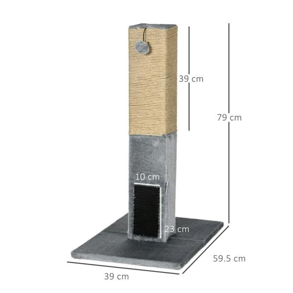 Grey jute cat scratching climber with carpet base and size dimensions