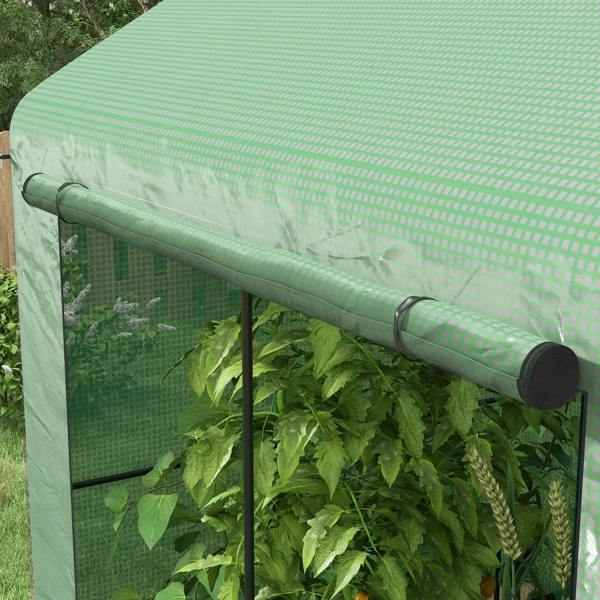 Green mesh greenhouse roof support rail with black bars and mesh wall panel