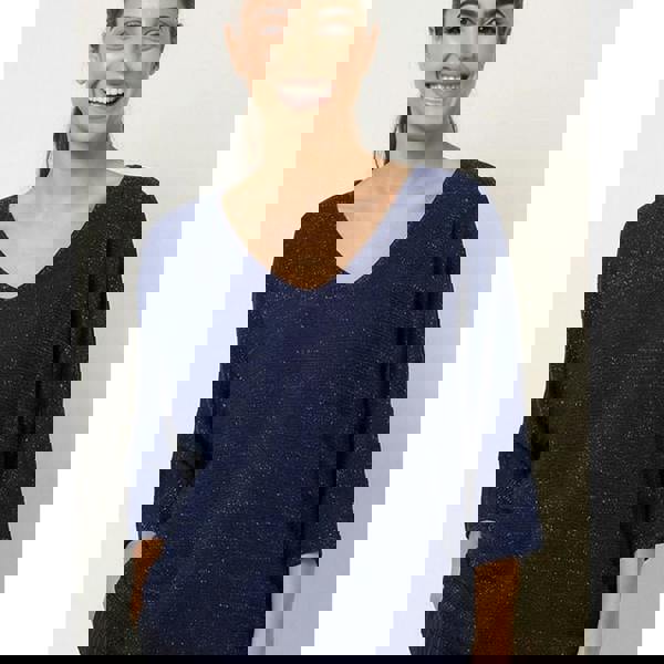 Blue Vanilla Metallic V Neck Knitted Ripple Jumper - Navy