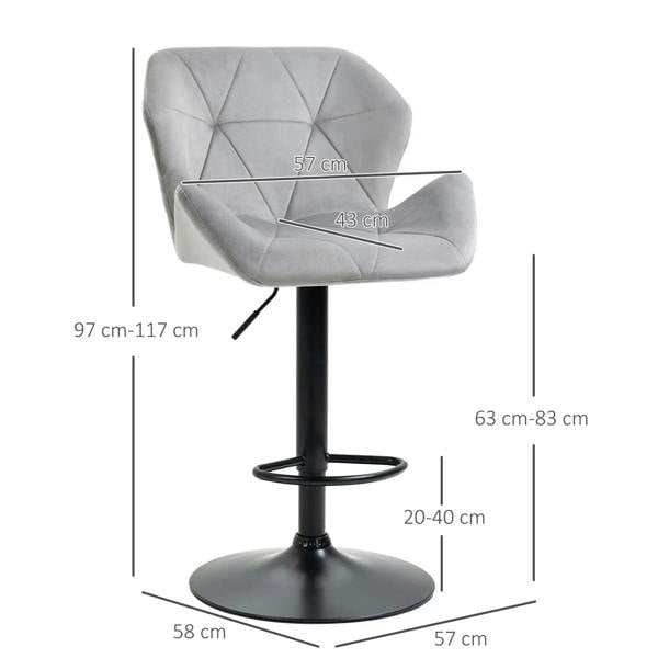 Adjustable height grey velvet bar stool with tufted seat, curved arms, and black base