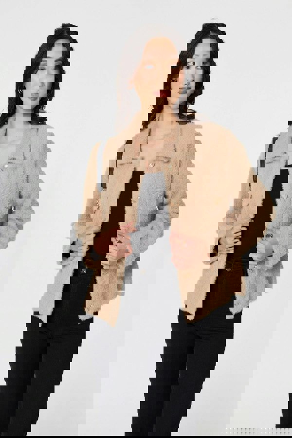 Beige | Textured Button Front Boxy Shacket
