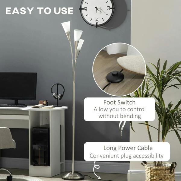 Silver floor lamp with foot switch control and long power cord