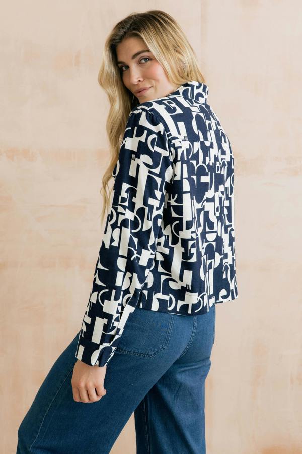 Lily & Me Grasslands Linen Blend Geo Print Jacket Navy