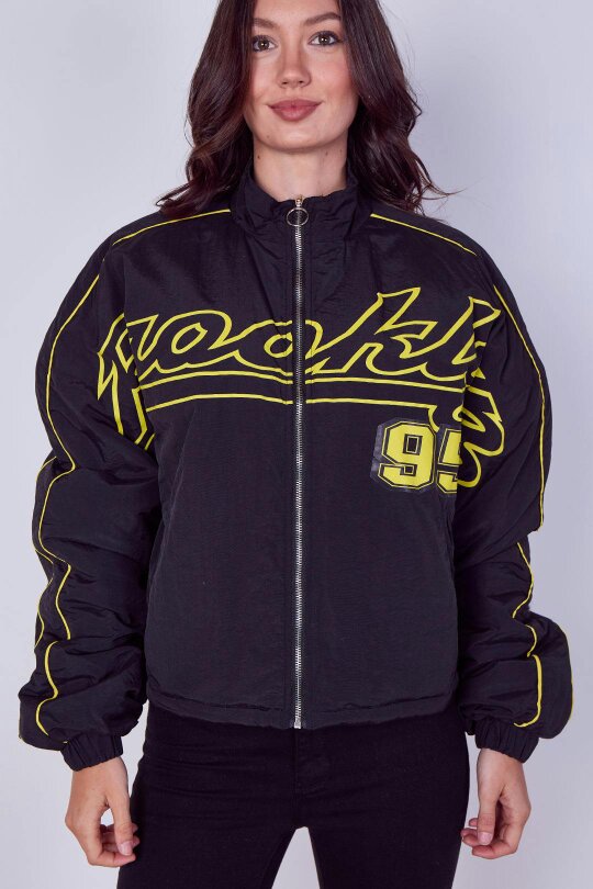 Elaina Fashion Oversized Slogan Zip-Up Racer Bomber Jacket