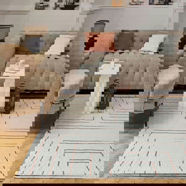 Living Room, perfect mix of clean design, lasting comfort, terra-cream rug.