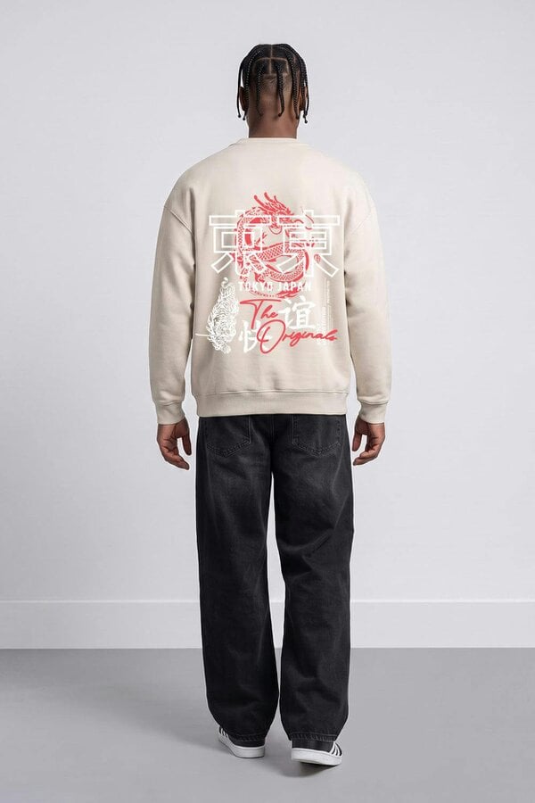 London Attitude Relaxed Fit Tokyo Dragon & Tiger Sweatshirt - Natural Stone