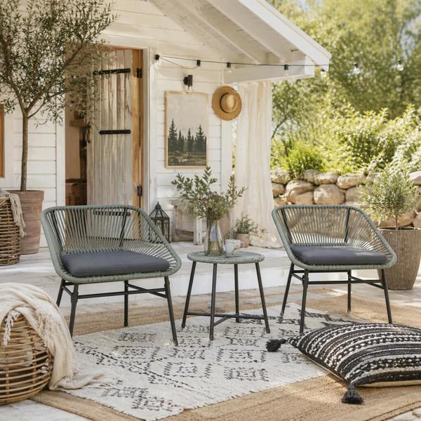 Wyld Haus Sorino Rattan Rope Light Grey 3 Piece Outdoor Garden Bistro Furniture Set Glass Coffee Table
