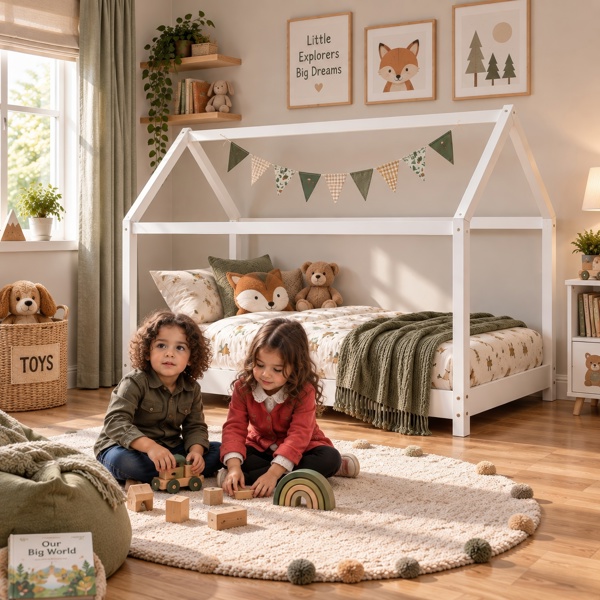 Maserri Ely Montessori House Bed for Kids, White Solid Pine, 3FT Single