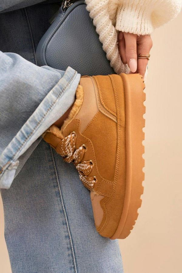 Leiza Chunky Lace Up Faux Fur Trainers - Camel