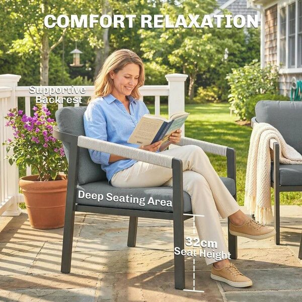 Aluminium Garden Furniture Set, 4 Seater Outdoor Patio Furniture with Loveseat, 2 Armchairs, Slatted Table
