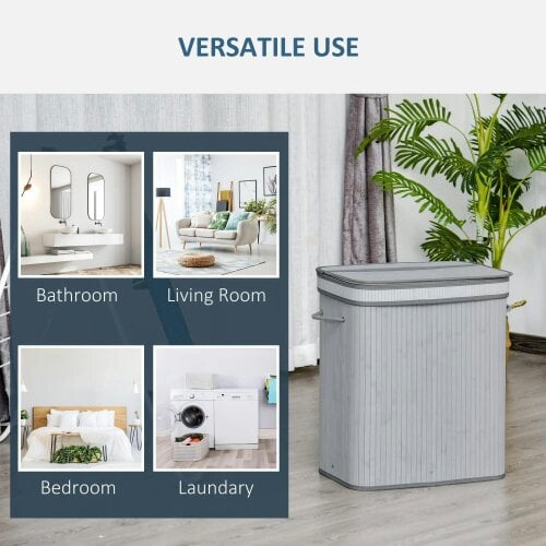 Bobobiy 100L Natural Wood Laundry Basket A Compartment with Flip Lid Removable Lining Handles Board Base Foldable Durable Water-Resistant Dirty Grey