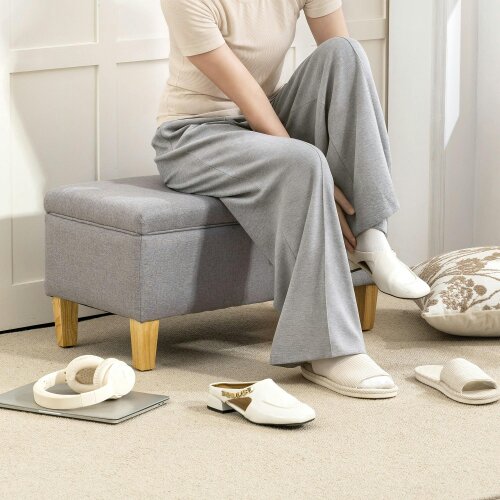 Wyld Haus Solo Linen Light Grey Storage Footstool With Storage Natural Wooden Legs