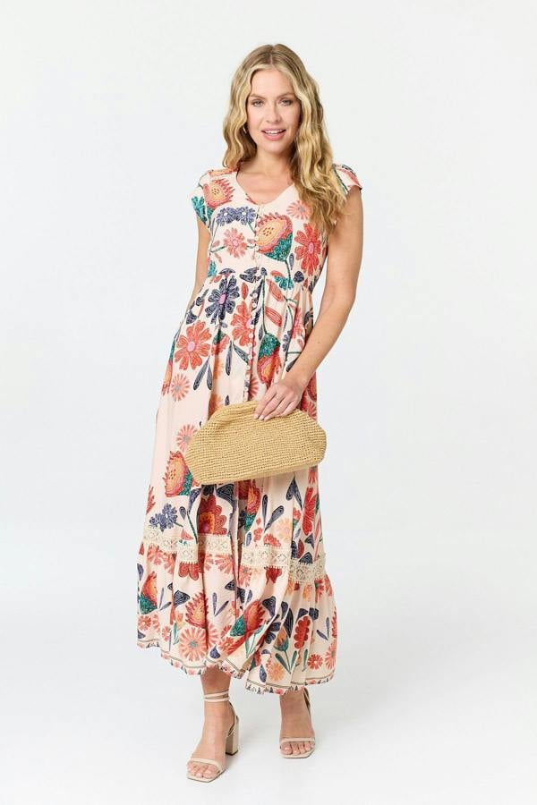 Orange | Floral Cap Sleeve V-Neck Maxi Dress