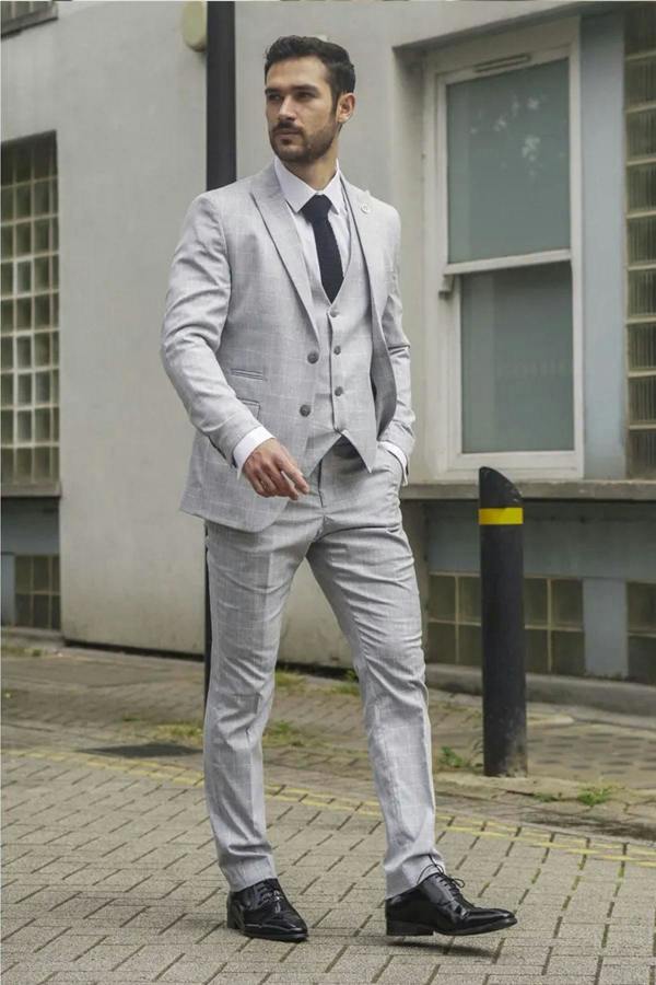Infinity Leather Men's Grey Checked 3 Piece Suit Tailored Fit