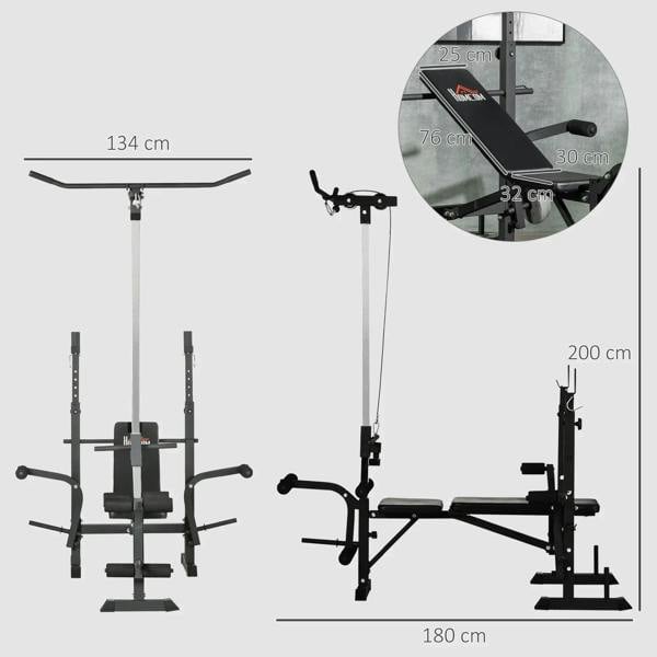 Adjustable weight bench and power rack with pulley system, shown in size diagram