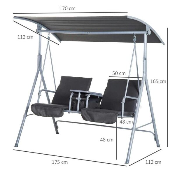 Steel Frame 2-Seater Swing Chair w/ Table Grey