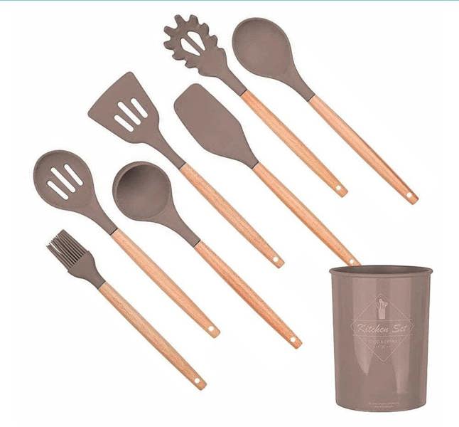 Anygleam Kitchen Utensils 7 Set Khaki Natural Beech Wooden Handle Cookware Tool with Storage Heat Resistant Non Stick Accessories