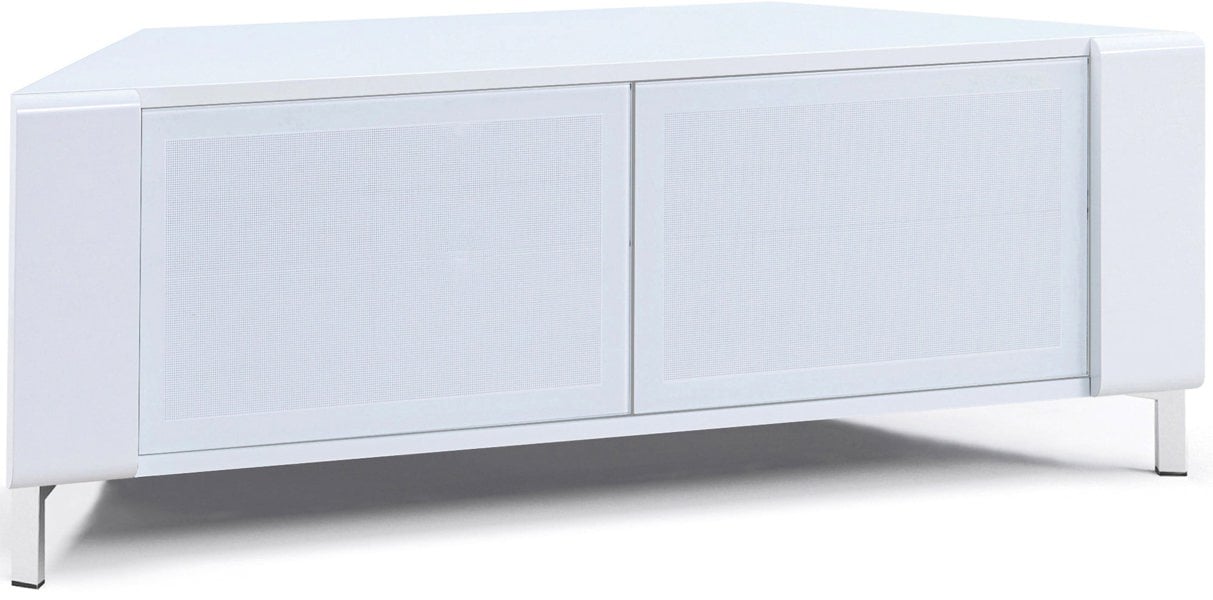 MDA Designs CORVUS Corner-Friendly Gloss White Contemporary Cabinet with White Profiles White BeamThru Glass Doors for Flat Screen TVs up to 50"