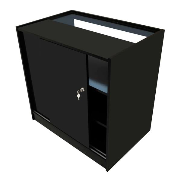 Sagittarius LED Shop Counter Set in sleek black, featuring a smooth surface, sliding door, and open shelving for storage and display