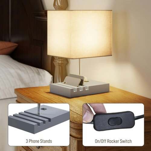 Wyld Haus Kata Wood And Fabric Grey Bedside Table Lamp With USB Charging Ports Phone Stands And Fabric Shade