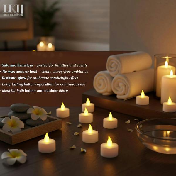 LKH HOME COLLECTION LED Tea Lights Candles – Pack of 12 Battery Operated Tea Light Votive Candles – Flameless Warm White LED Candle
