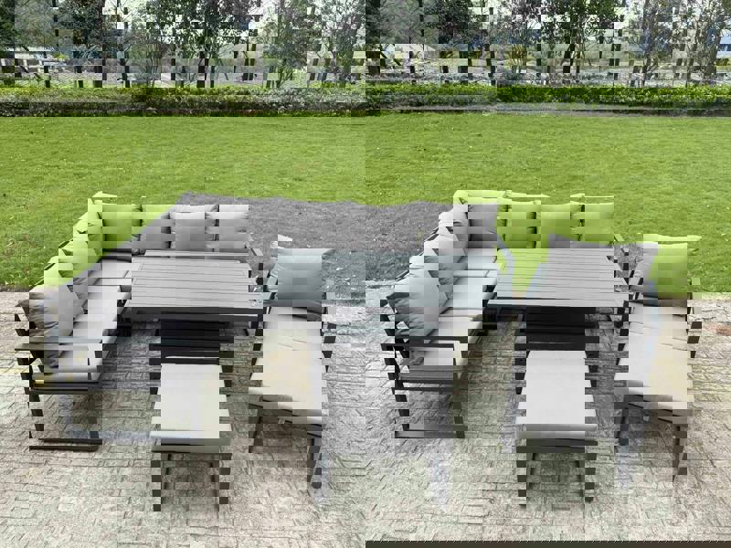 Fimous 9 Seater Aluminium Garden Furniture Set with Adjustable Rising Dining Table, 2 Footstools - Dark Grey