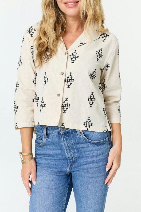 White | Printed 3/4 Sleeve Relaxed Cropped Shirt
