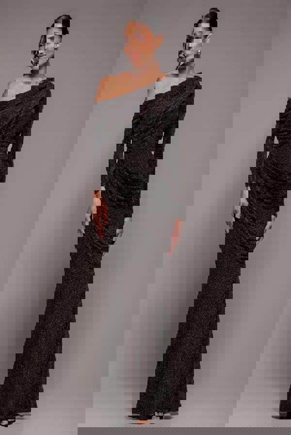 Off The Shoulder Gathered Panel Sparkle Lurex Maxi Dress - Black Gold DR4675