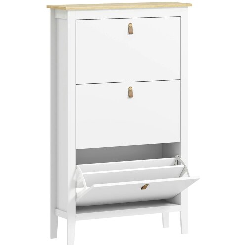 Wyld Haus Makeve Wooden White and Natural Modern 3 Drawer Shoe Cabinet Faux Leather Handles