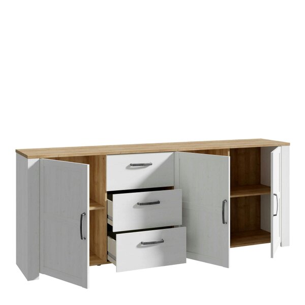 Wyld Haus Bramblecroft White and Natural Oak Wood Large Sideboard 3 Door 3 Drawer